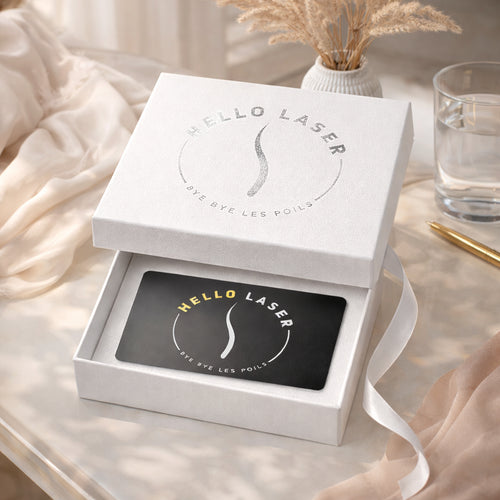 HELLO LASER gift card in elegant white box, laser hair removal center branding visible